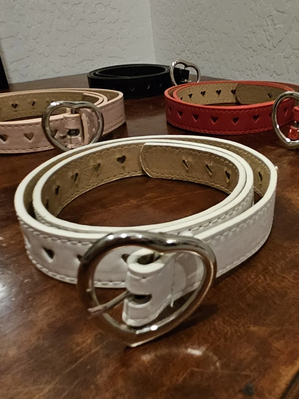 Source Unknown Heart-Accent Belts Faux Leather in White, Red, Pink, and Black